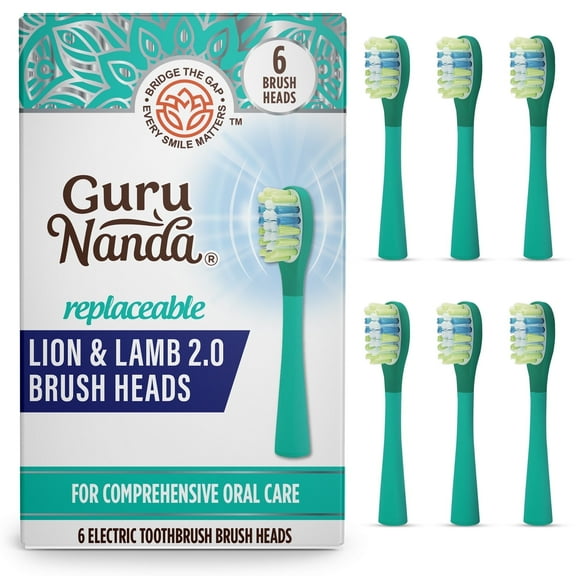 GuruNanda Lion & Lamb 2.0 Replacement Brush Head (Pack of 6), Round-Ended, Soft Dupont Bristles to Help with Plaque Control, BPA-free- Teal