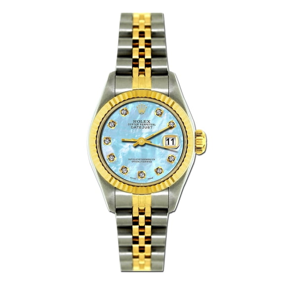 Pre-Owned Rolex Datejust 26MM 69173 Blue Mother of Pearl Diamond Dial Fluted Bezel Two Tone Yellow Gold Jubilee Bracelet