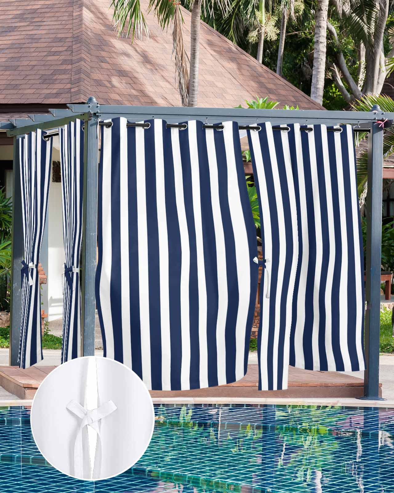 nqOlkjepod Outdoor Curtains for Patio Waterproof, Navy Blue Striped Outdoor Privacy Panels Grommet, Modern Farmhouse Blue White Stripes Blackout Outside Curtains for Porch/Cabana 54"x108", 1 Panel