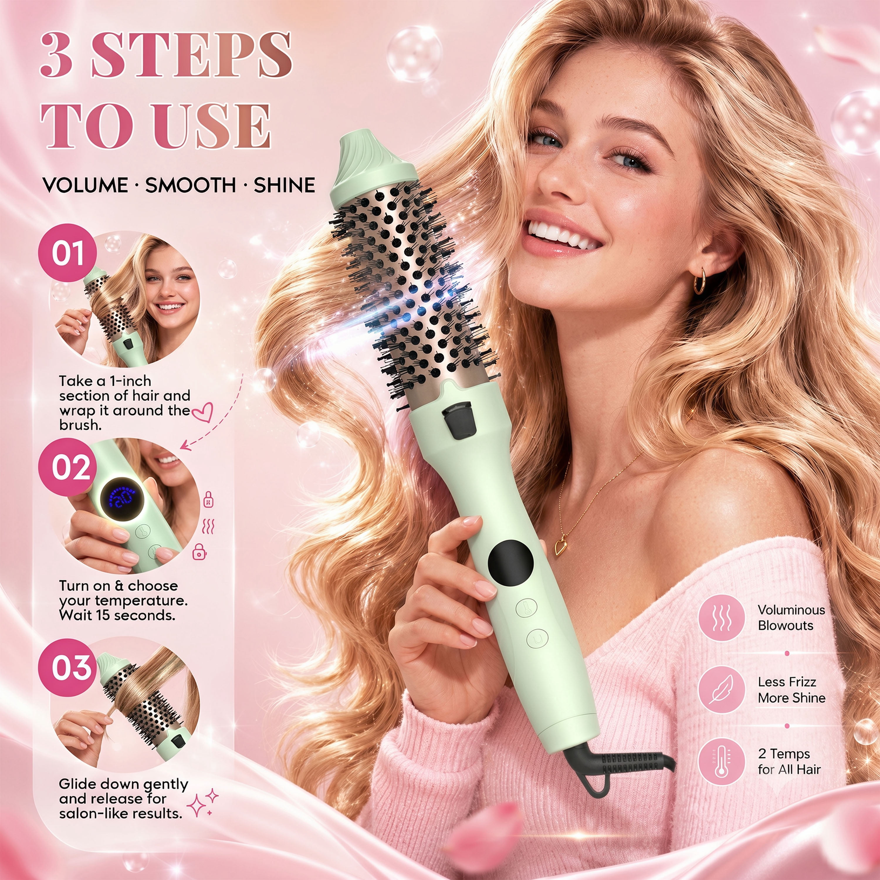 Tourmaline-Coated 1.5 Inch Round Heated Curling Hair Brush, Quick-Heat, Dual-Voltage, Green