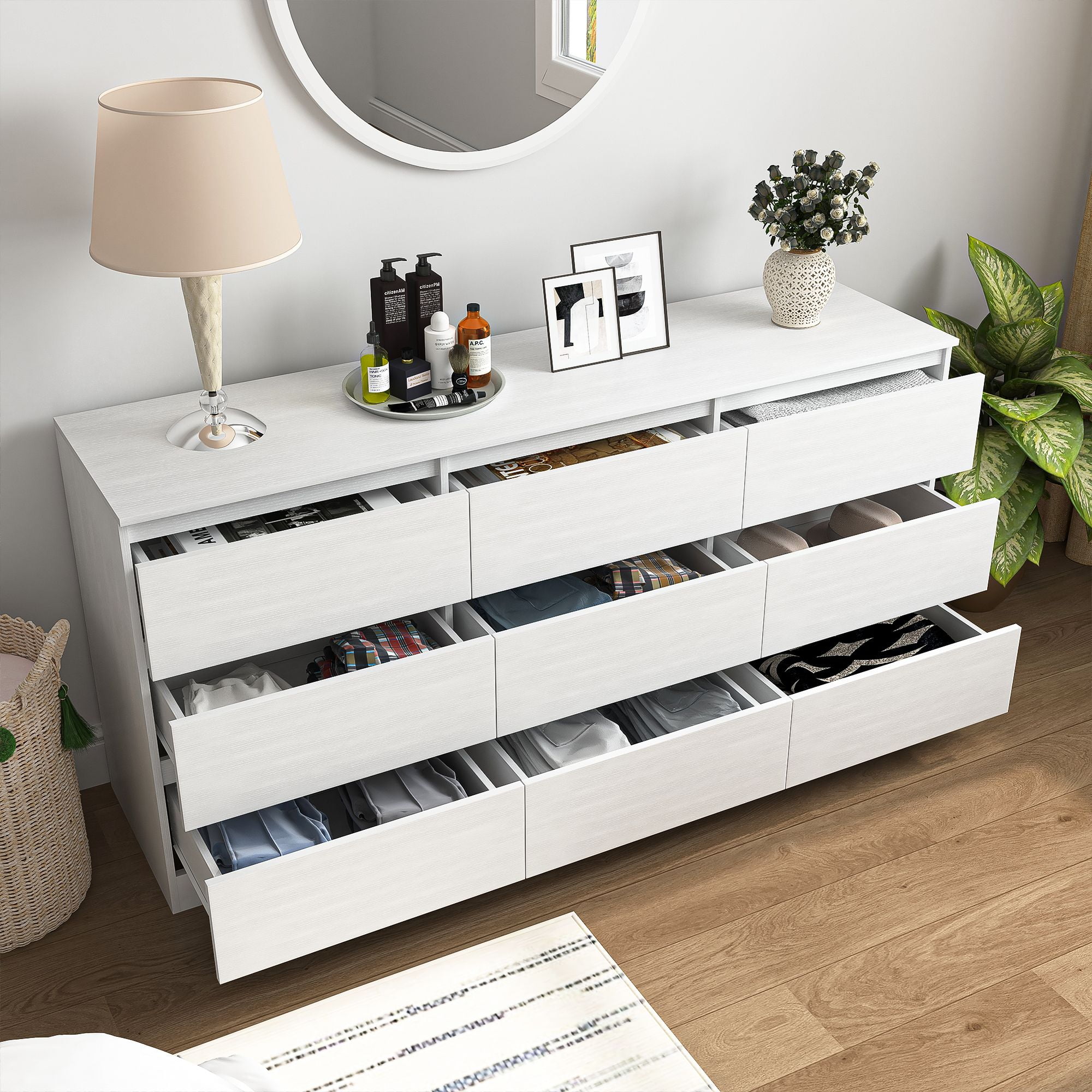 Finihen 9 Drawer Double Dresser, Modern 9 Chest of Drawers with Deep Drawers, Wide Storage Organizer Cabinet for Living Room, Kids, White Finihen 9 Drawer Double Dresser, Modern 9 Chest of Drawers with Deep Drawers, Wide Storage Organizer Cabinet for Living Room, Kids, White