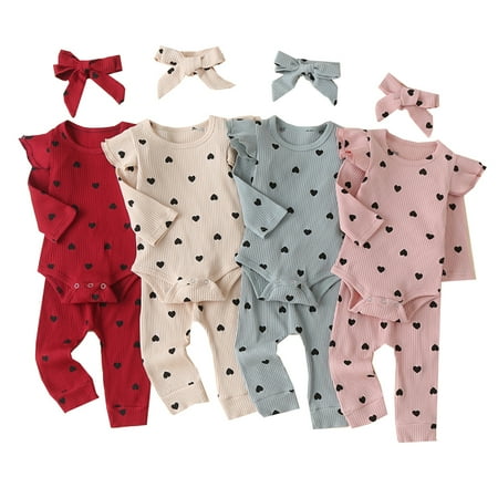 

Actoyo 0-18M Newborn Baby Girl s 3PCS Outfits Love-heart Rib Frill Long Sleeve Romper and Pant Sets -Pink