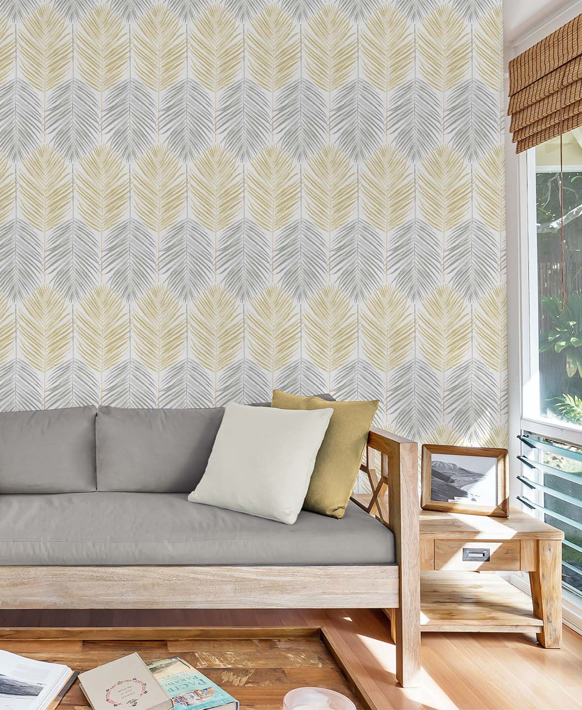 NextWall  Two Toned Palm Peel and Stick Wallpaper 20.5 in. W x 18 ft. L - Wheat & Daydream Grey