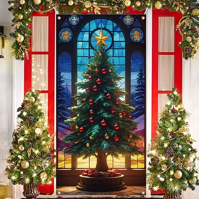Linnome Santa Claus Pattern Christmas Door Cover 35x71 Inches, Festive Holiday Door Decoration for Home and Parties
