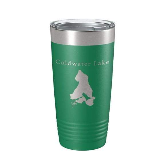 Coldwater Lake Map Tumbler Travel Mug Insulated Laser Engraved Coffee Cup Michigan 20 oz Green