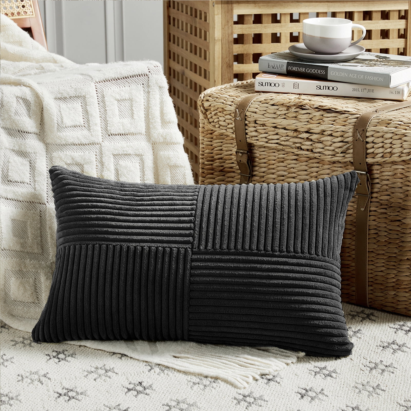Fancy Homi 2 Packs Black Lumbar Decorative Throw Pillow Covers 14x24 Inch for Couch Bed Sofa, Rustic Farmhouse Boho Home Decor, Soft Striped Corduroy Rectangle Accent Cushion Case 35x60 cm