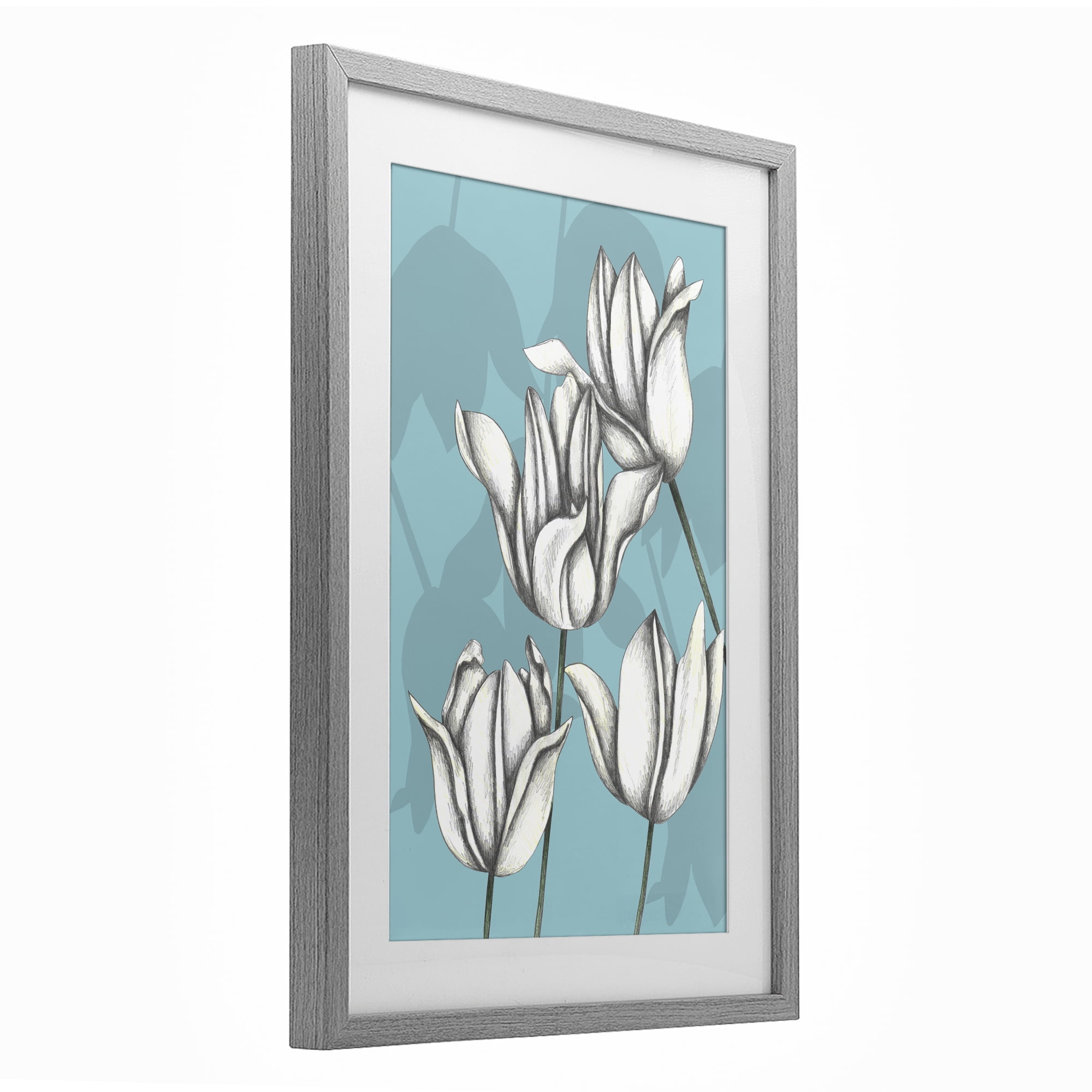 Sketched Tulips Keep Growing Gray Framed Print Under Glass, design by Cecilia Battaini