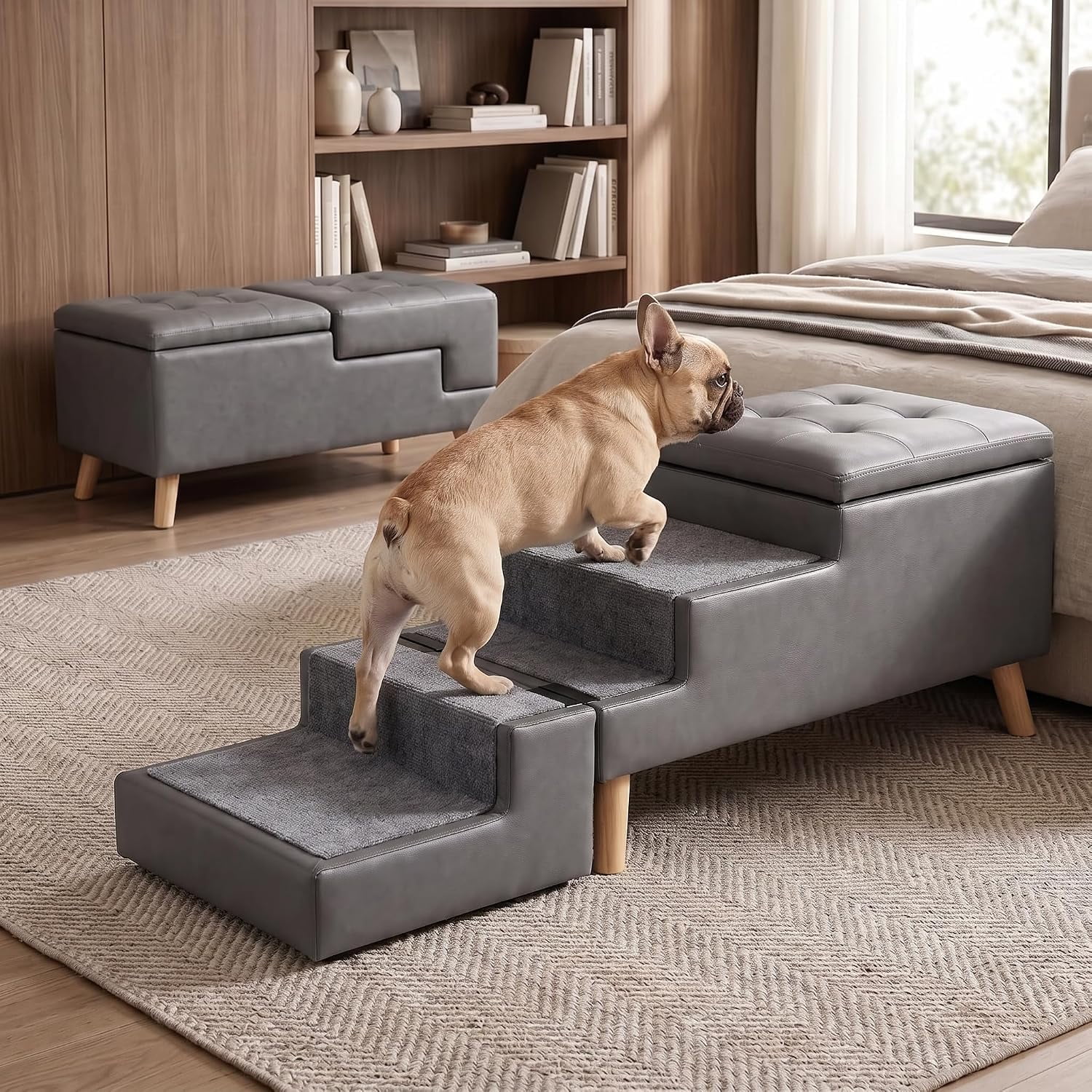 Solidee 19.7" H Leather Dog Stairs for Large Dogs 3-in-1 Dog Stairs&Ottoman,Non-Slip 4 Steps Pet Stairs Foldable Steps for Senior, Injured,Gray