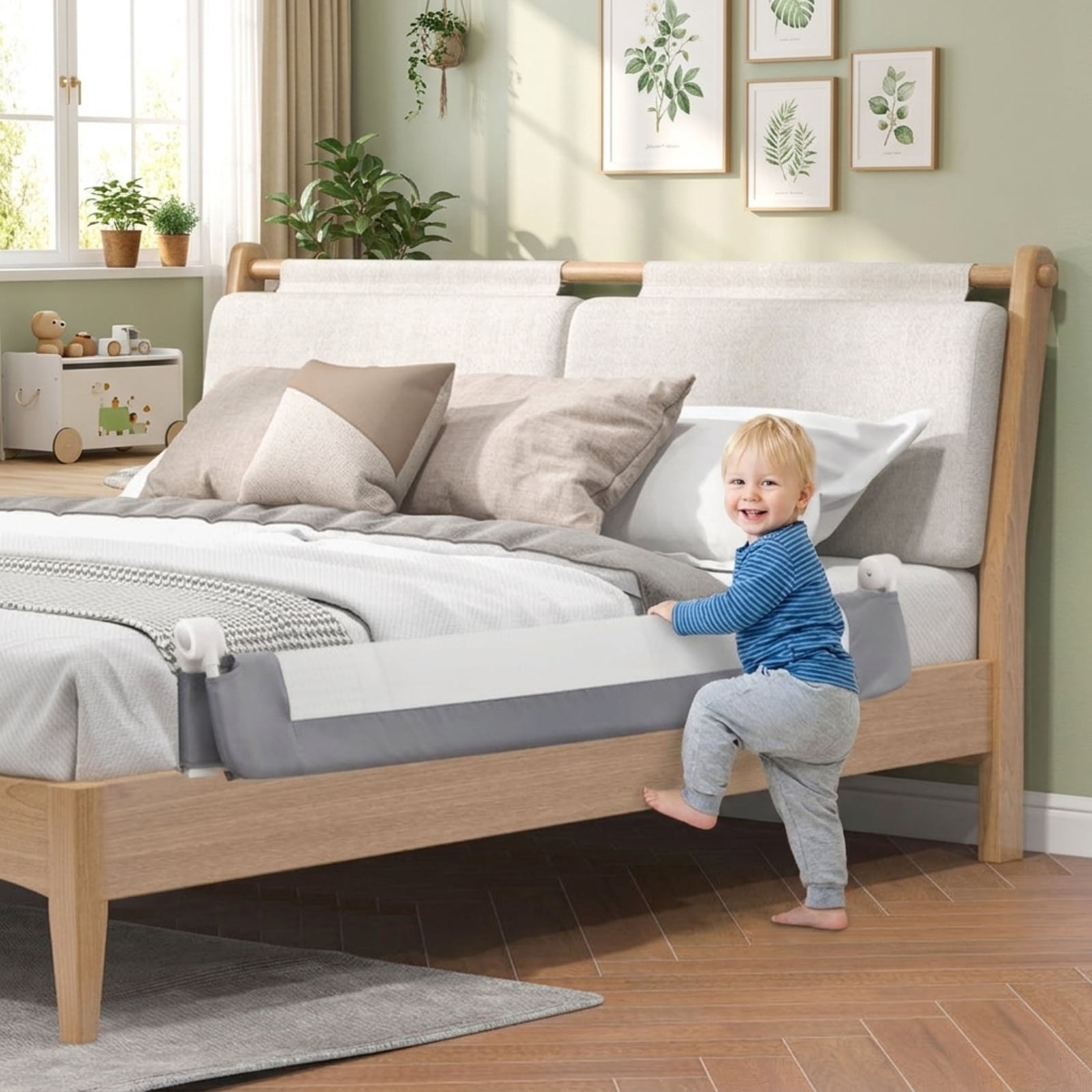 SUGIFT 60 Inch Foldable Bed Side Rails Swing Down Guard with Waterproof Oxford Cloth PP Cotton Padding Breathable Mesh T Shaped Legs and Adjustable Safety Strap, Grey