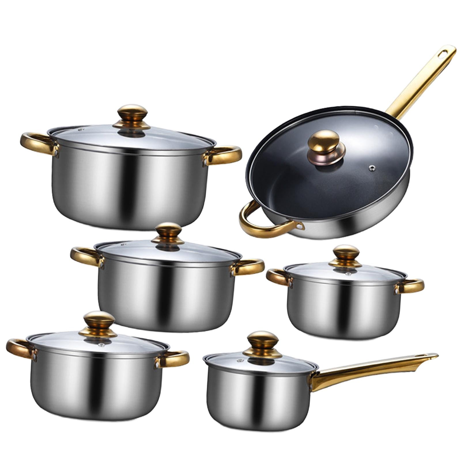 Nishiyuenyi 6x Pots and Pans Set Soup Pot with Glass Lid Nonstick Pan Cookware Set Stainless Pans with soup pot