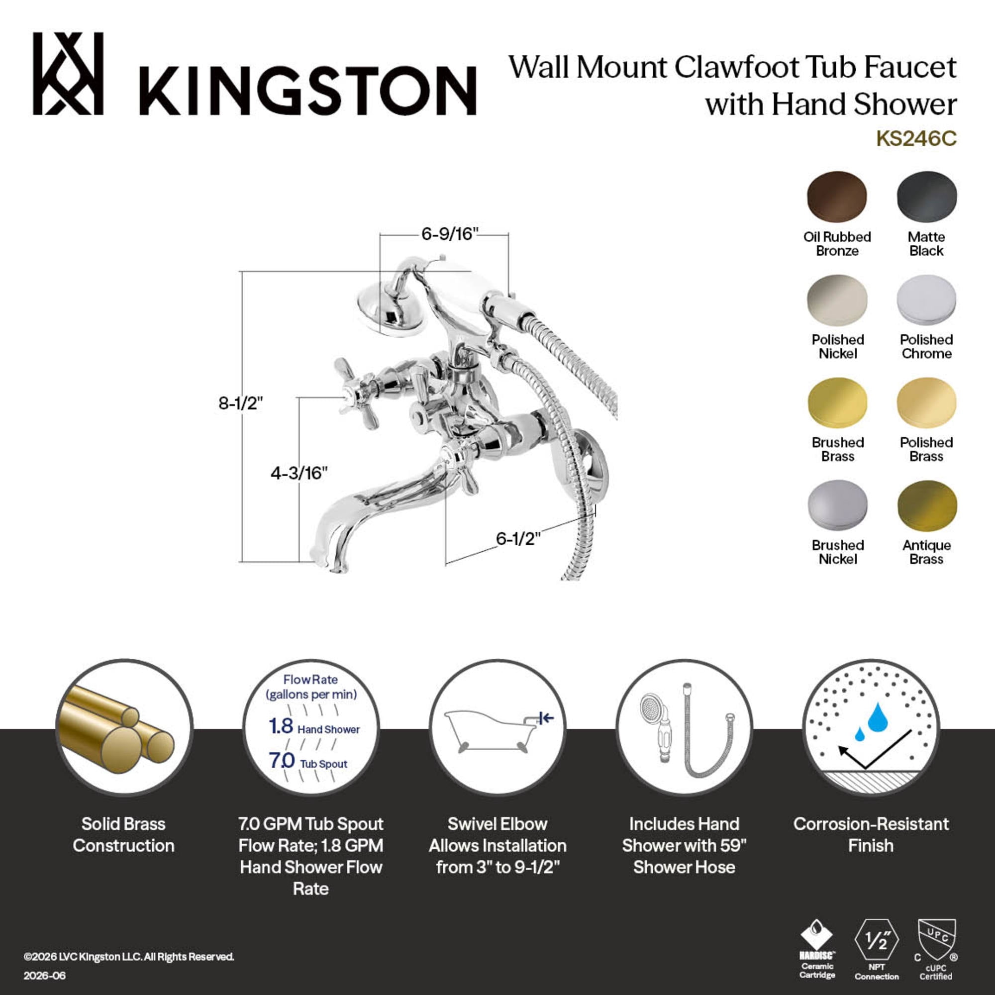 Kingston Brass KS246PN Essex Three-Handle 2-Hole Wall Mount Clawfoot Tub Faucet with Handshower in Polished Nickel