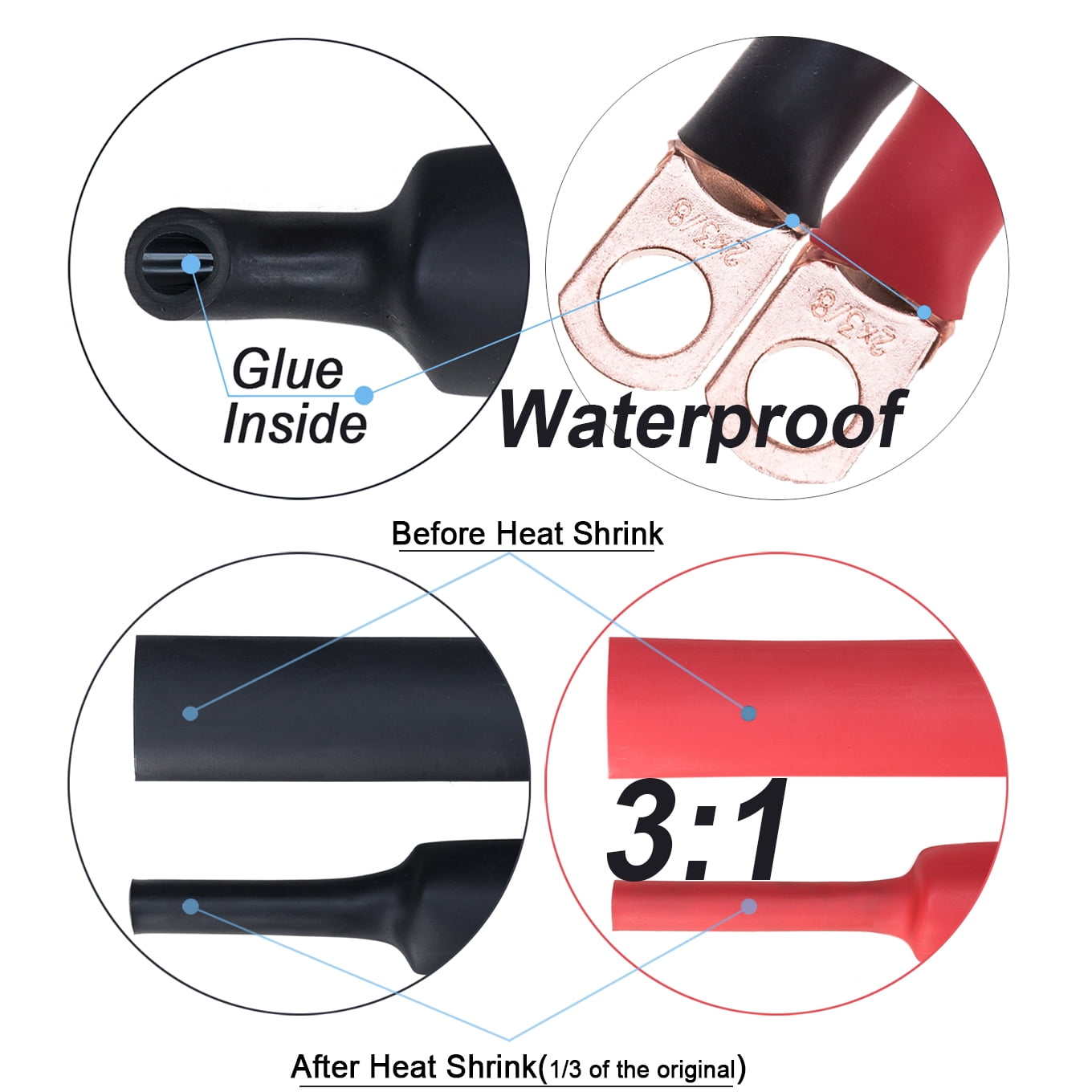 200PCS 3:1 Heat Shrink Tubing Dual-wall Adhesive Lined Tube 7 Sizes 1" 3/4" 1/2" 3/8" 1/4" 3/16" 1/8" for Electronic Electrical Cables Battery Terminal Connectors Wire Lugs Daily Repair