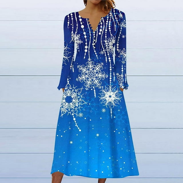 FcBaudy Robe Longue à Manches Longues Col Rond Longueur Genou, Robes pour Femmes, Robes d'Été pour Femmes Bouton Décontracté Imprimé de Noël Plissé Manches Longues Col Rond Longueur Genou Robe Femme