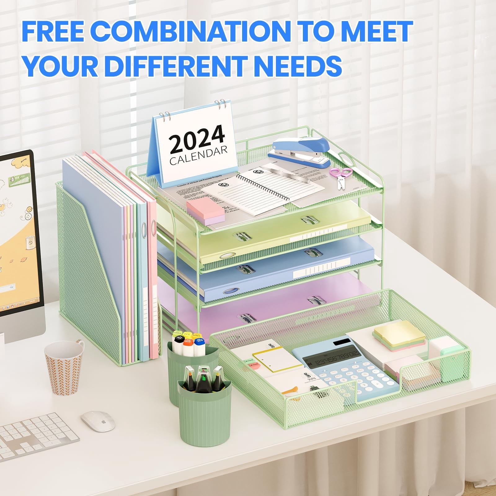 Desk Organizer  4-tier Desktop File With Drawer And 2 Pen Holders Office Accessories Sorters Workspace Organizers For Supplies(green)