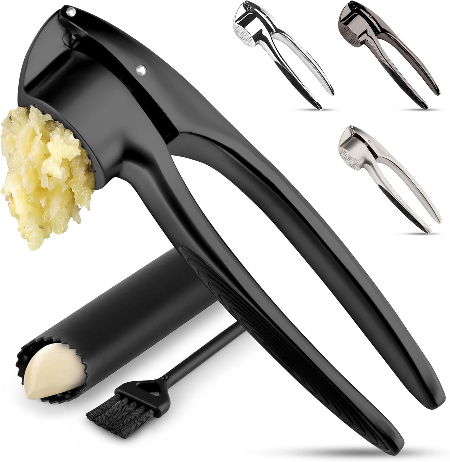 DIANJIE Kitchen Premium Garlic Press Set Rust Proof Dishwasher Safe Garlic Mincer Tool Silicone Garlic Peeler Brush Easy Squeeze Clean Ergonomic Soft Grip Handle Medium Black