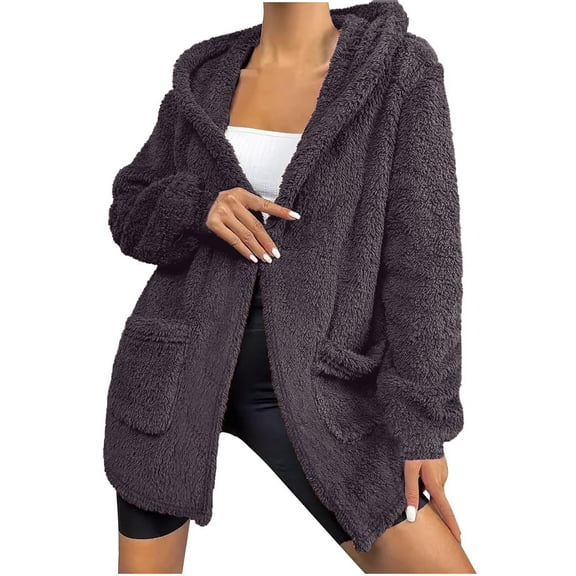 Gnshining Open Front Cardigans for Women Long Sleeve Fuzzy Casual Hooded Tops Fall Fashion Fleece Warm Loose Comfortable Solid Color Coats