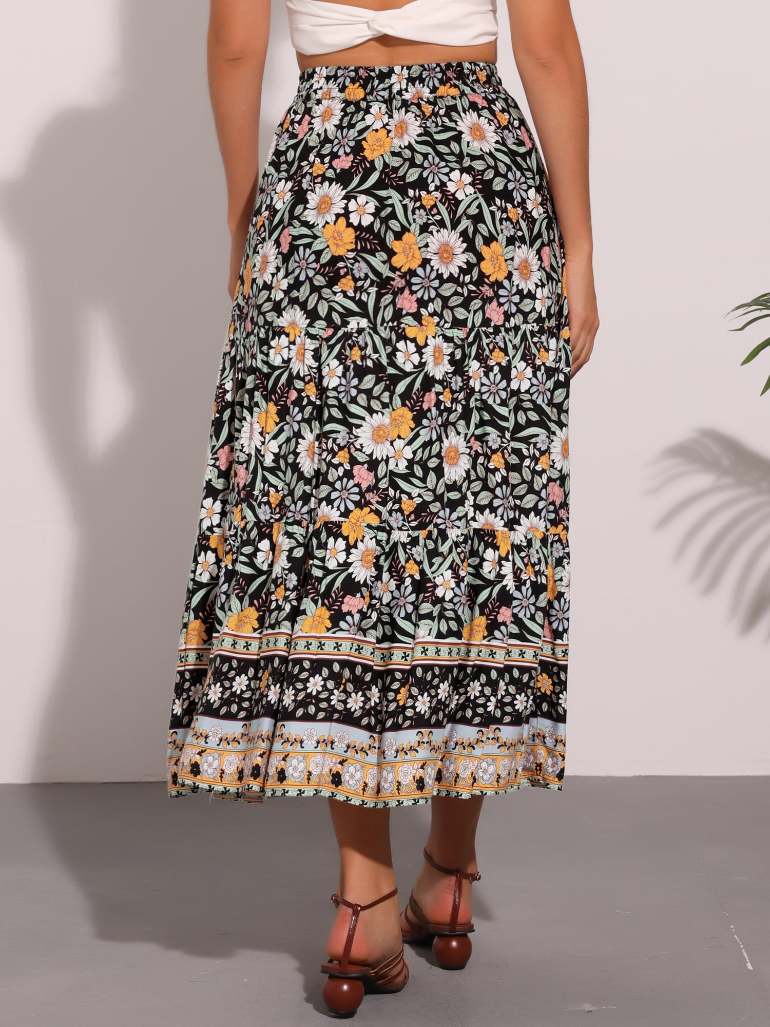 DARING DIVA Women's Bohemian Tassels Elastic Waist Floral Maxi Skirt L Black