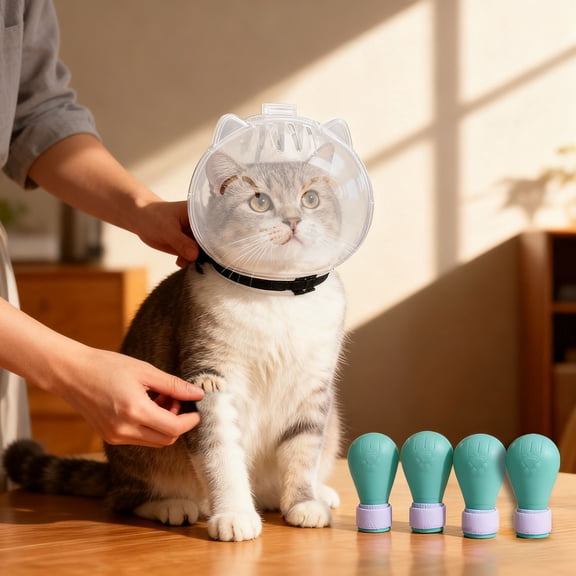 Pet Pro Grooming Tool for Cats, Transparent Cat with 4 Silicone Paw Covers, Adjustable Breathable Cat Muzzle Restraint for Bathing Nail Trimming & Grooming, Pet Grooming Kit (L, Green)
