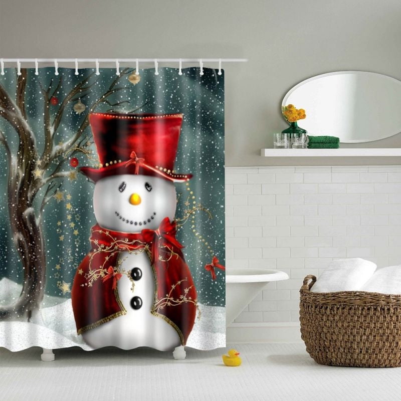 Christmas Snowman Theme Shower Curtain Waterproof Fabric Bathroom Home