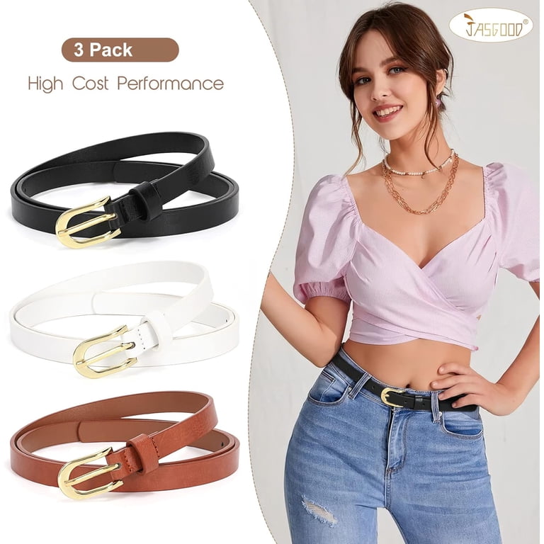 3 Pack Skinny Leather Chic Belt for Women, PU Leather Thin 