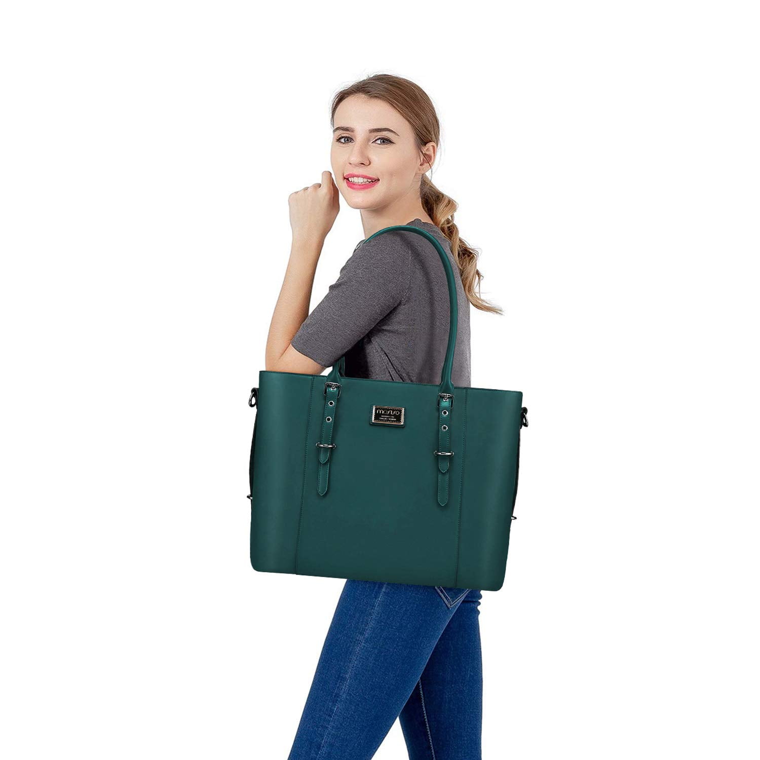 Mosiso Water-Resistant PU Leather 15.6" Laptop Tote, Deep Teal