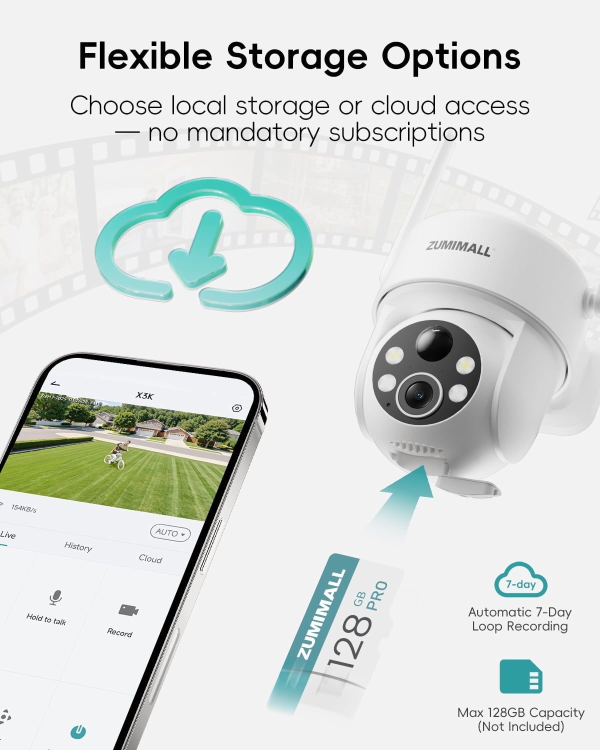 ZUMIMALL 2K Solar Security Camera Outdoor Wireless, 360° PTZ, Color Night Vision, IP66 Waterproof, 2.4GHz WiFi, Dual-Mount Solar