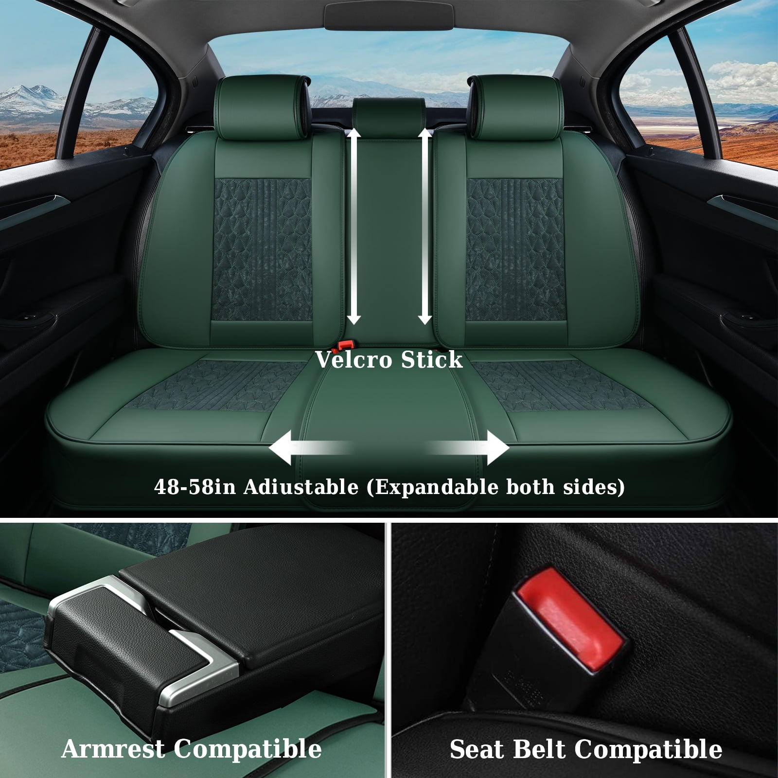 Coverado Full Set Car Seat Covers, Front and Back Seat Protectors, Faux Leather & Flannel Fashion Auto Accessories, Universal Fit Most Cars, SUVs Pickup Trucks, Green
