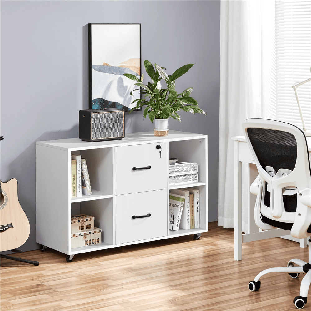 Alden Design Mobile Vintage File Cabinet with 2-Drawer for Home and Office, White