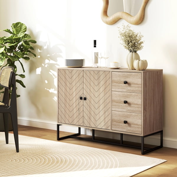 Véritable Buffet Bahut Relax avec Rangement, Armoire Moderne Cannelée avec 2 Portes 3 Tiroirs, Crédence de Rangement d'Accent pour Bar à Café, pour Cuisine, Salon, Salle à Manger