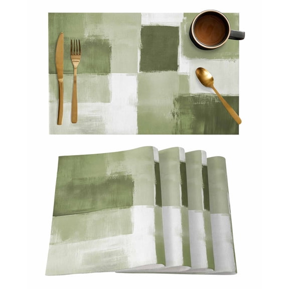 Placemats Set of 6, Sage Green Geometric Woven Placemat, Linen Place Mats for Kitchen/Dining Tables, Watercolor Ombre Modern Abstract Art Washable Table Mats for Party