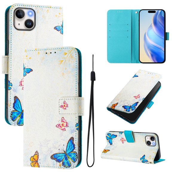 Compatible for iPhone 12 Mini Wallet Case, Painting Pattern Premium PU Leather [Credit Card Holder] [Wrist Strap] Flip Stand Feature Purse Case Full Protective Pattern Phone Cover, Blue Butterfly