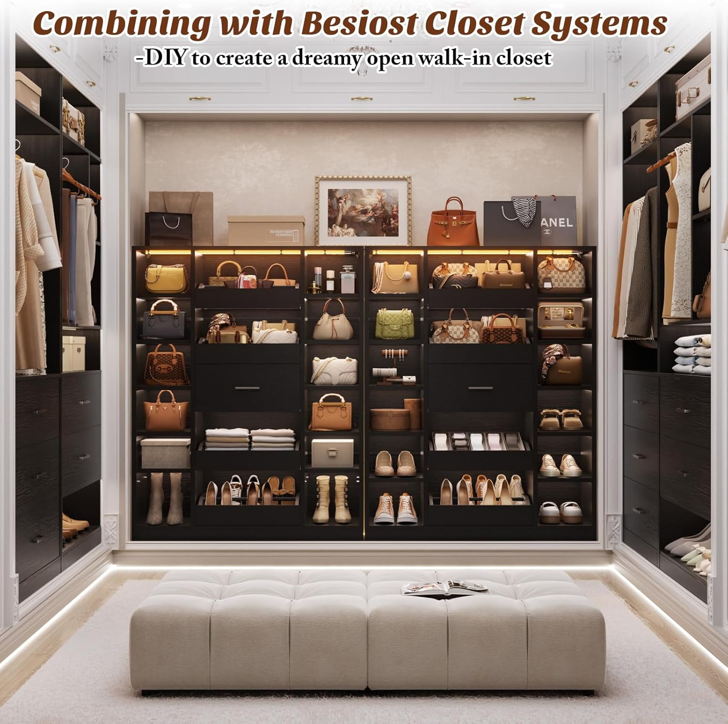 7-Tier Shoe Cabinet with 12 Shelves & 5 Drawers, 40''W Shoe Rack with LED Lights, Holds Up 30+ Pairs of Shoes, Multi-Functional Organizer Cabinet for Entryway/Hallway/Closet, Black