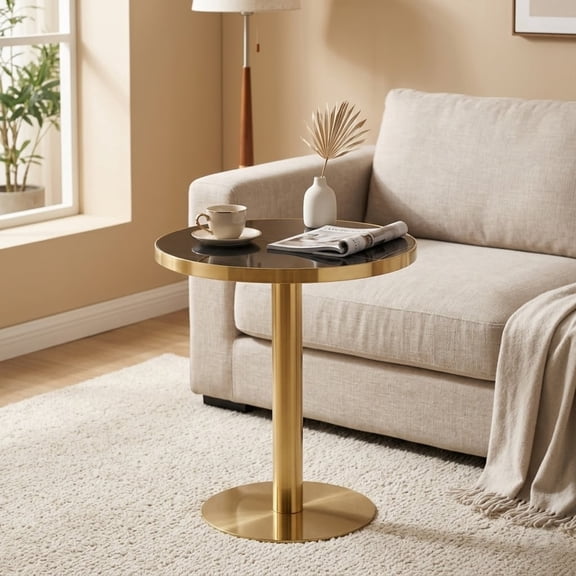 Hi loPres 23.6" Modern Round Side Table, Black Marble Pattern Acrylic Top with Gold Stainless Steel Trim, Pedestal End Table for Living Room, Office