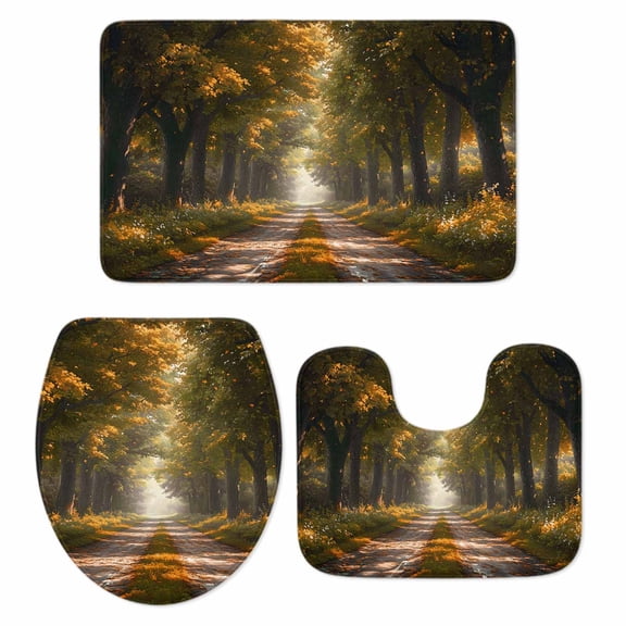 Brown Trees Bath Mat 3 Piece Bathroom Rug Set, Forest Art Decor Spring Summer Nature Leaf Non Slip Bath Rug Contour Mat and Toilet Lid Cover, Absorbent Shower Mats Soft Bath Rugs and Mats Sets