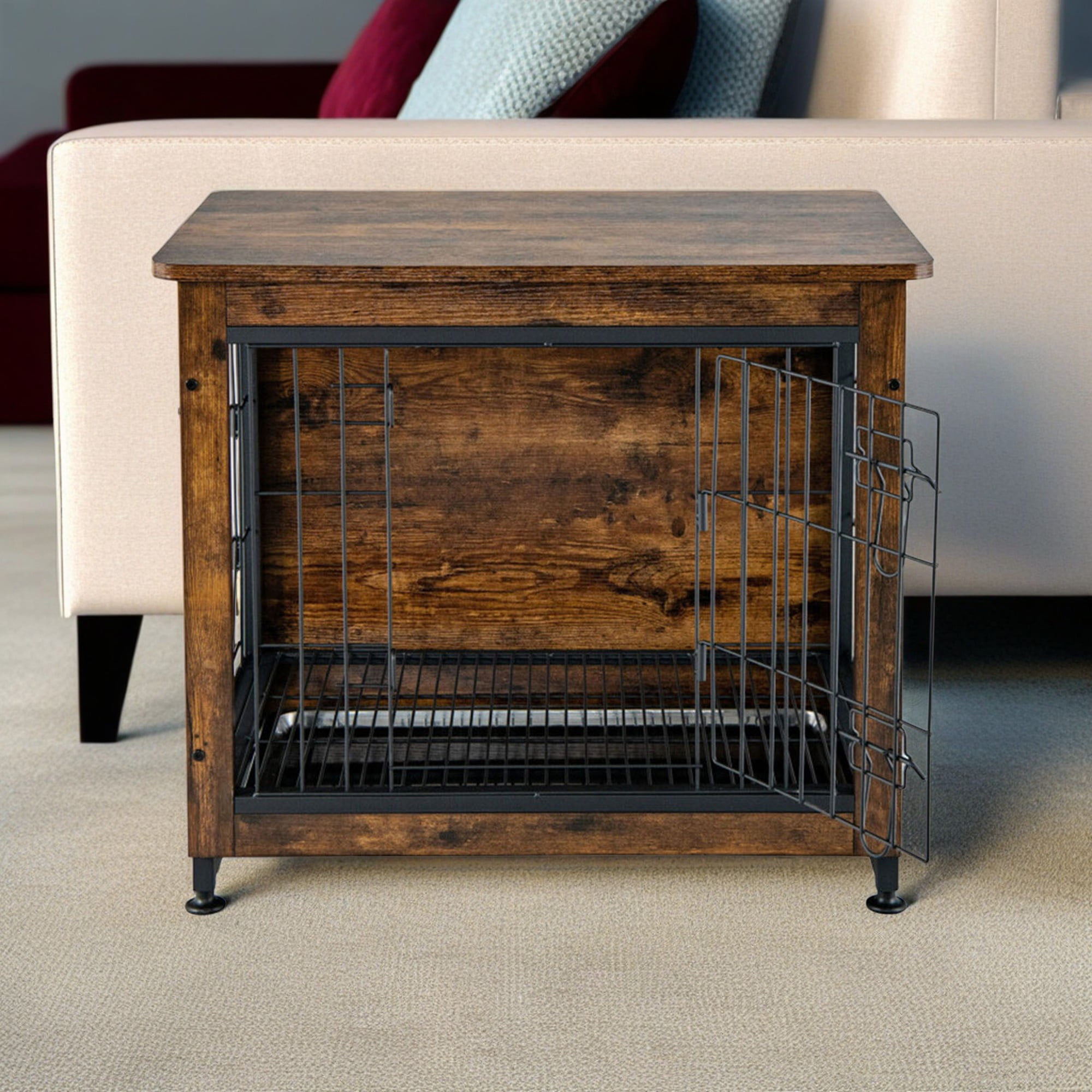 Kadyn 27" Dog Crates for Dogs with Tray and Double Door, Wood Indoor Dog Cages Furniture, Brown