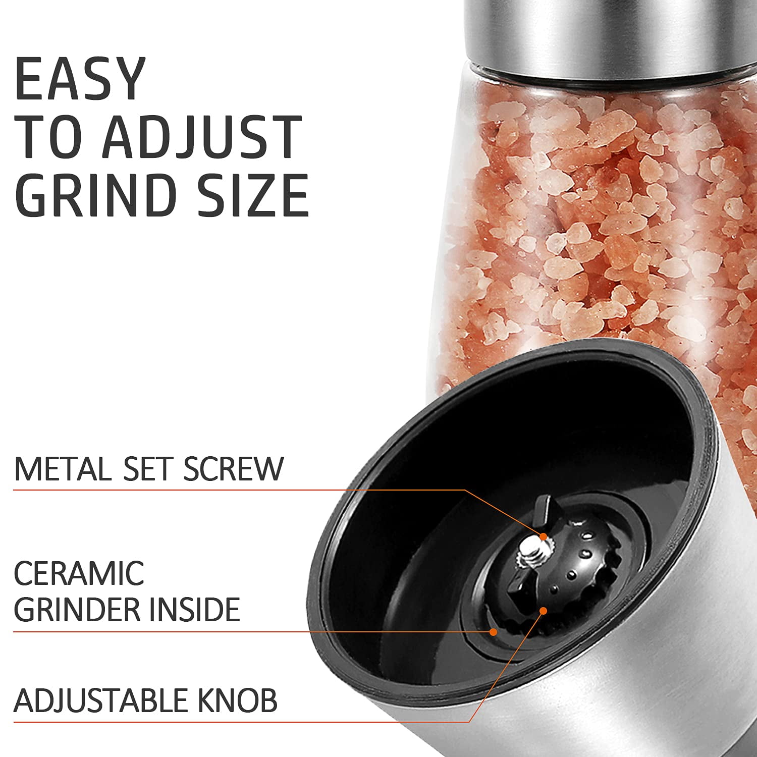 Salt and Pepper Grinder Set Refillable Adjustable Coarseness Stainless Steel with Ceramic Rotor Kitchen Spice Mills Set of 2