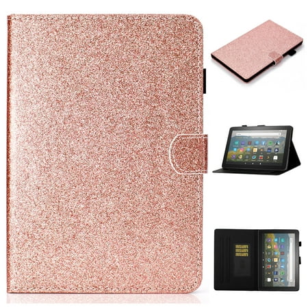 Dteck Smart Case for Amazon Kindle Fire HD 8 10th Generation HD8 Plus (2020 Released) 8-inch,Bling Glitter Magnetic Leather Card Holder Wallet Kickstand Automatic wake/sleep Cover,Rosegold