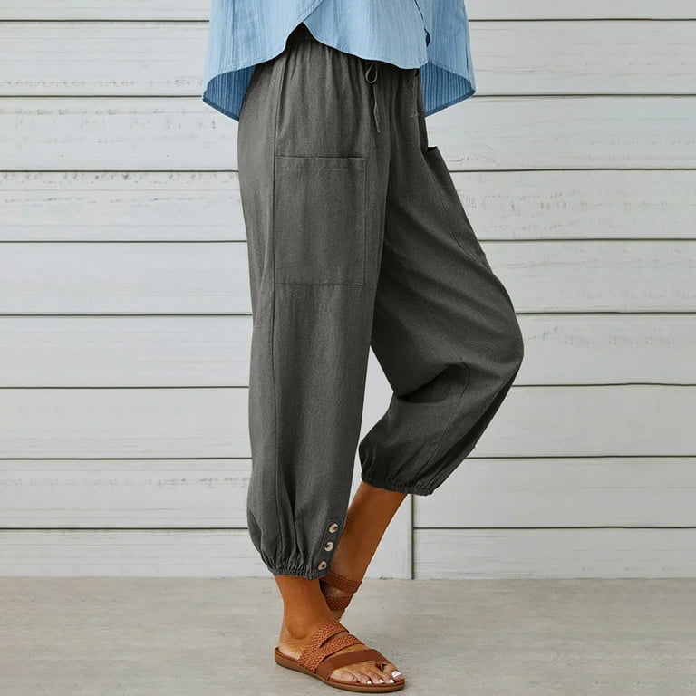 Womens Cotton Linen Pants Dressy Casual Elastic Waisted Solid Color Cinch  Bottom Sweatpants Capri Pants for Women 
