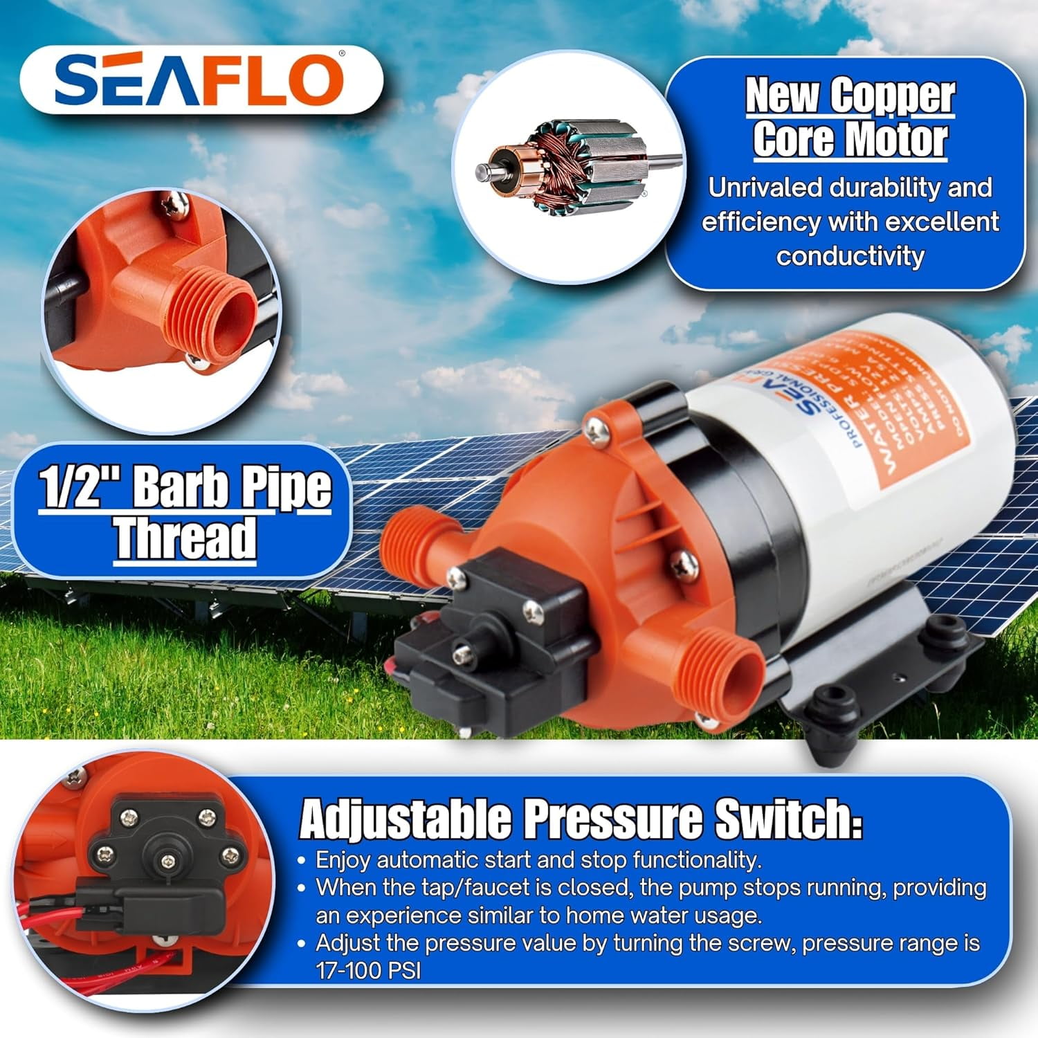 SEAFLO 12V 1.6 GPM 100 PSI 34 Series Water Pressure Diaphragm Pump | Continuous Duty, Built-In Pressure Switch, Self-Priming, and 4-Year Warranty