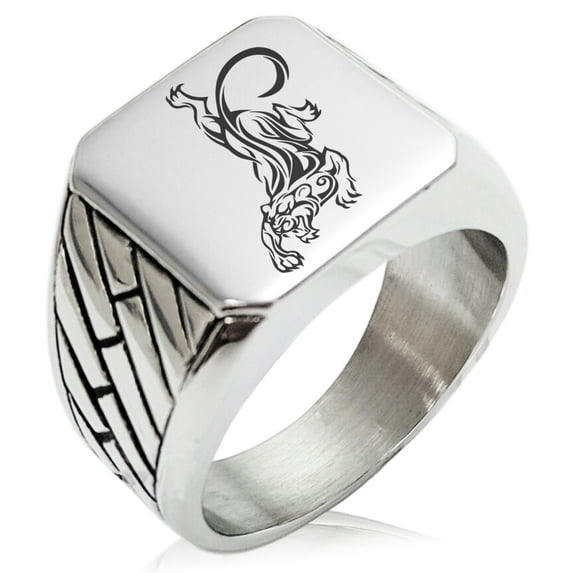 Stainless Steel Striking Tiger Geometric Pattern Biker Style Polished Ring