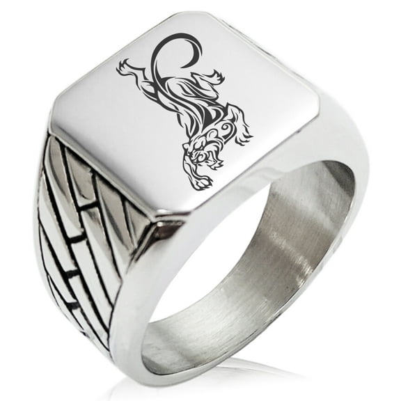 Stainless Steel Striking Tiger Geometric Pattern Biker Style Polished Ring