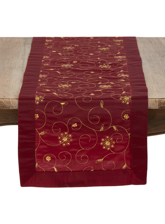 Burgundy with Gold Color Embroidered & Sequined Special Occasion Holiday Table Runner, 16" x 72" Rectangle
