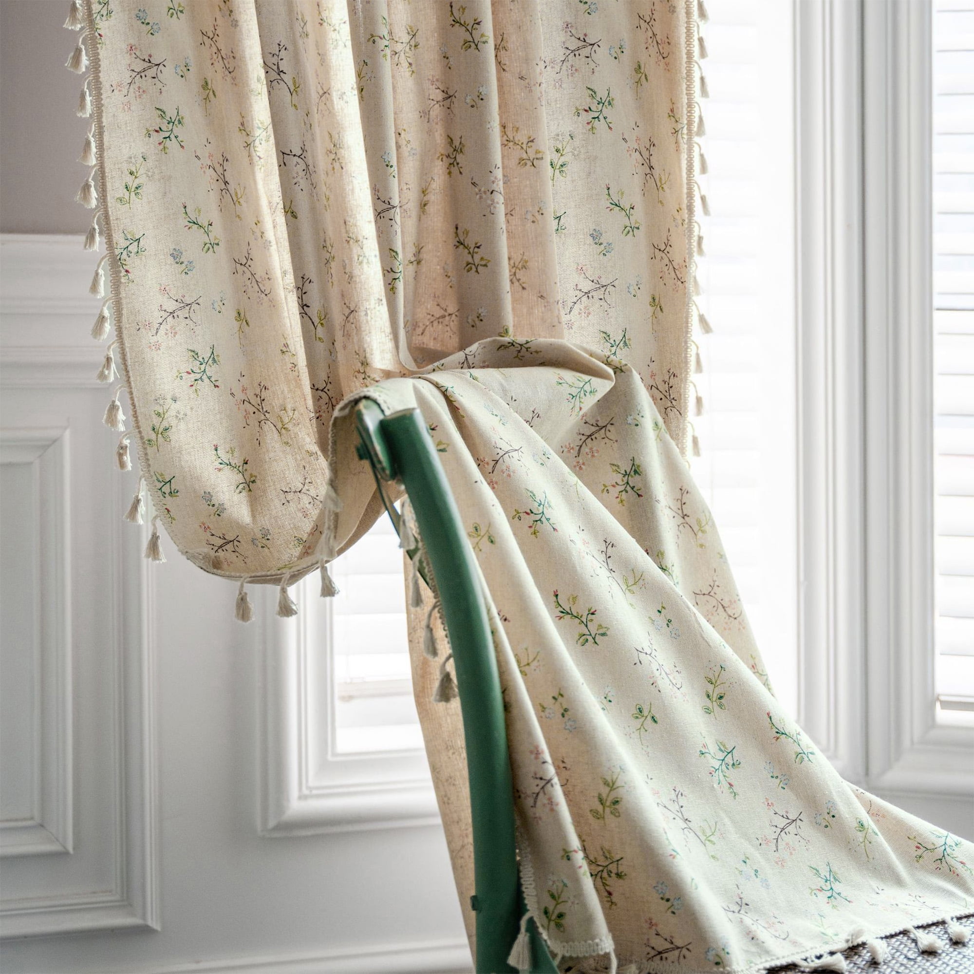 TURKIO 2 Panel Farmhouse Floral Linen Semi- Blackout Curtains,84 inches, Beige,for Living Room