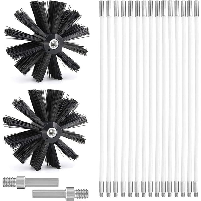 Chimney Cleaning Kit with 15 Flexible Rods (410mm) 2 Brush Heads, Compatible with 150mm Pipes for Fireplace, Dryer Vent, Wood Stove