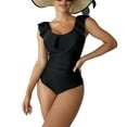 thumbnail image 1 of Traje de baño de mujer de una pieza con dobladillo con volantes y control de barriga, traje de baño de color puro plisado lateral ajustado, negro L, 1 of 6