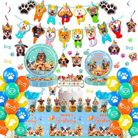Puppy Birthday Party Supplies for Kids,Dog Theme Birthday Party Supplies & Tableware Set Dog Party Plates Cups Napkins Tablecloth Banner Balloon Cake Topper etc Puppy Themed Party Supplies
