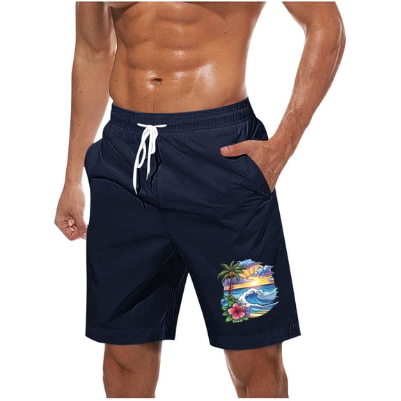LOVZFMLL Men's Swim Trunks, Hawaiian Print Men's Sports Casual Beach Shorts Board Shorts Bathing Suit Swimwear Pants with Pockets Dark Blue S