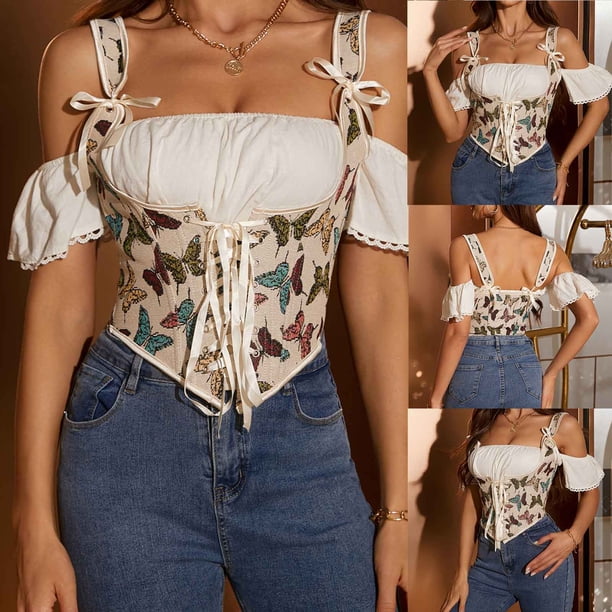 Ashion - Camiseta sin mangas con tirantes vintage y estampado de vendaje para mujer, ropa moldeadora, top de poliéster para mujer