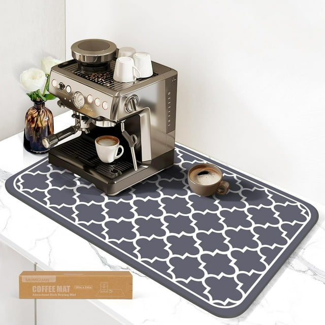 Grey Trellis Coffee Mat 16x24 Inch AntiSlip Absorbent Dish Drying Mat for Countertop Suitable for Coffee Machine Espresso Maker Dish Rack; Ideal Coffee Bar Accessory