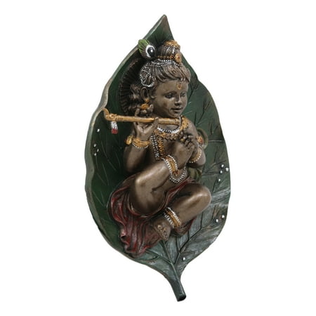 Ebros Hindu God Baby Krishna Vishnu On Peepal Leaf with Bansuri Flute Statue in Bronze Patina Resin 6